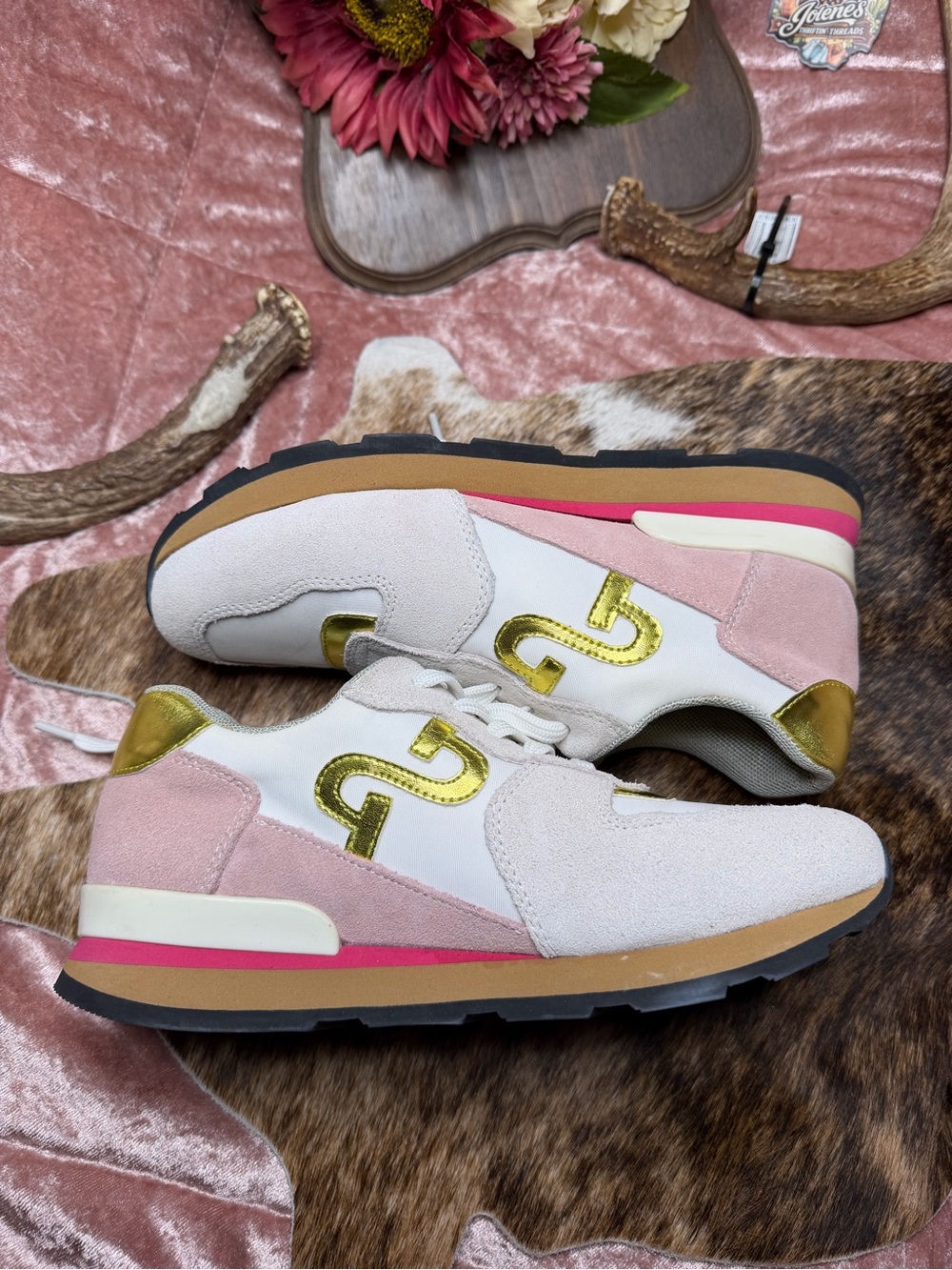 OPP France Women's Sneakers Pink White Gold Suede Leather Size 6.5 235 NWOT
